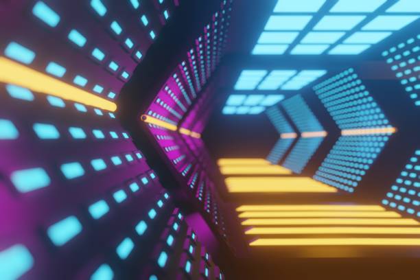 istock 3d render, glowing lines, tunnel, neon lights, virtual reality, abstract background, square portal, arch, pink blue spectrum vibrant colors, laser show 1453417312
