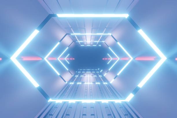 istock 3d render, glowing lines, tunnel, neon lights, virtual reality, abstract background, square portal, arch, pink blue spectrum vibrant colors, laser show 1453417413