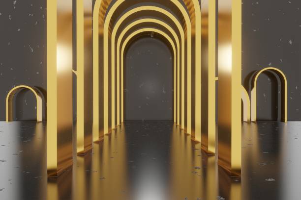 istock 3d render, glowing lines, tunnel, neon lights, virtual reality, abstract background, square portal, arch, pink blue spectrum vibrant colors, laser show 1453418018