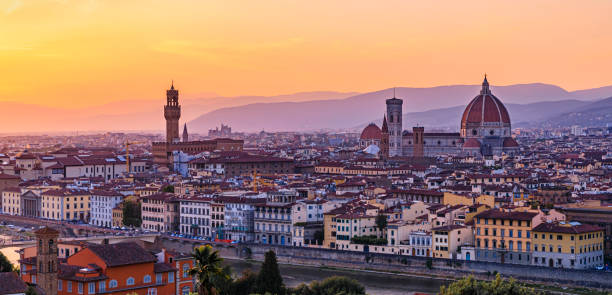 istock Sunset panorama with Duomo cathedral and Palazzo Vecchio Tower, Florence Italy 1453418209