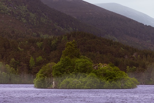 A small island in the middle of a large body of water, Loch an Eilein, Cairngorms National park, Scotland