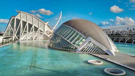 Valencia, Spain - 09/07/2020: Avant-garde architecture of the museum of arts and sciences of Valencia, Spain. Work of the architect Santiago Calatrava