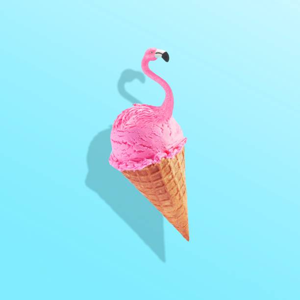 istock 3D pink flamingo in ice cream waffle cone on a pastel blue background 1453424116
