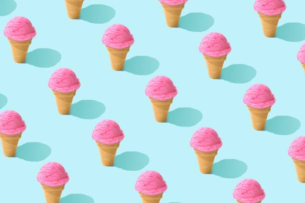 istock 3D pink strawberry ice cream pattern on pastel blue background - summer concept 1453424166
