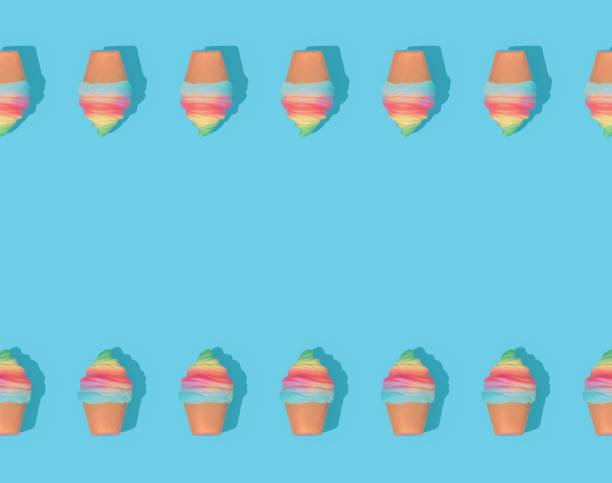 3D rendered colorful ice cream pattern on a bright blue background with a copy space in the center
