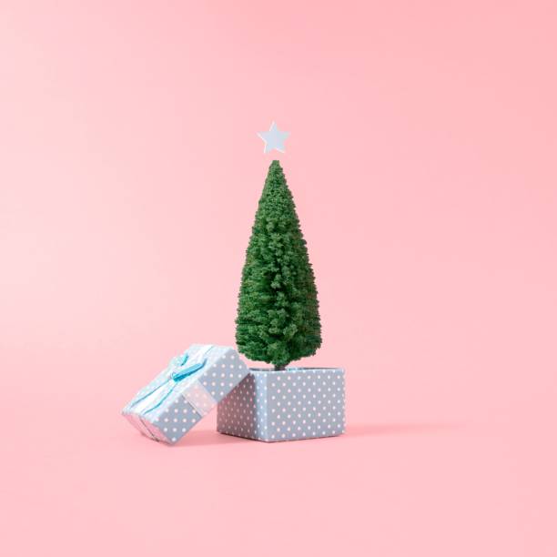 istock Christmas tree with in a gift box isolated on a pink background. 1453425505