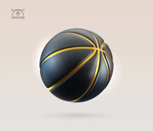 Vector illustration of 3d vector realistic black and golden textured rubber basketball isolated design element on light background