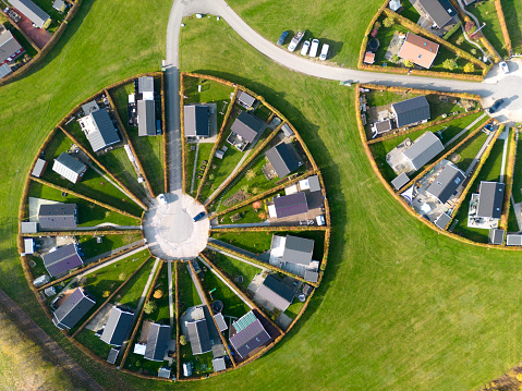 Aerial view of the round gardens surrounding small cottages used as summerhouses just outside of Copenhagen, Denmark