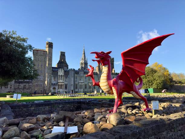 Red dragon in front of the Cardiff Castle and Victorian Gothic revival mansion in Cardiff, Wales. Cardiff, United Kingdom – November 04, 2022: A red dragon in front of the Cardiff Castle and Victorian Gothic revival mansion in Cardiff, Wales. cardiff wales stock pictures, royalty-free photos & images