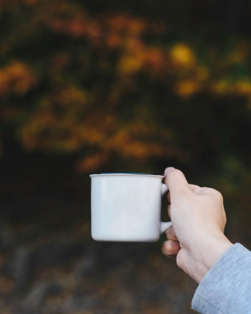 istock Selective focus of a hand holding a coffee mug on autumn leaves background 1453428566