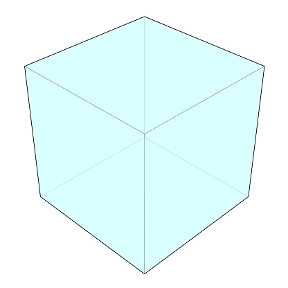 A digital illustration of the outline of a geometric cube with blue fill on a white background