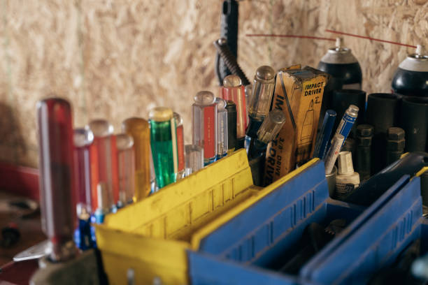 istock Mechanical tools on a shelf near a wooden wall 1453430923