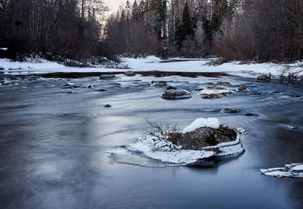 istock Silhouette shot of a forest and a snow on a river 1453432123