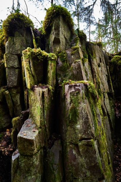 istock Cascading stone formation with green moss in the forest, vertical shot 1453434193
