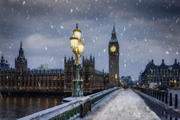Winter view of the Westminster Bridge and Big Ben clocktower in London during a winter day with ice and snow, England