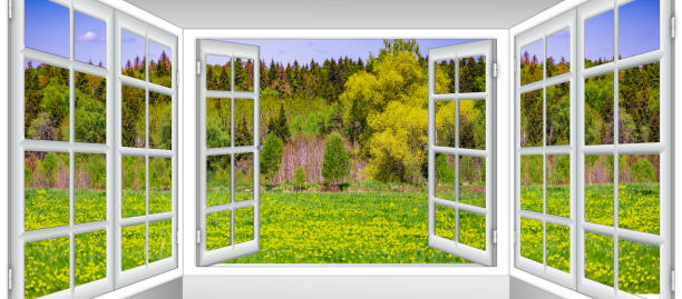 istock nature landscape with through a window with curtains 1453438382
