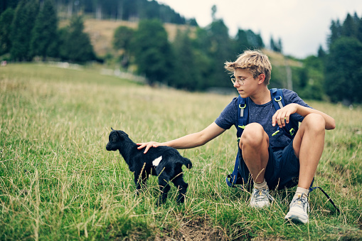 young boy relaxing with  German Shepherd in park