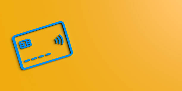 3D Credit card concept: Blank plastic credit card illustration. Front view mockup template design on yellow background, copy space. Online shopping payment, mobile banking and touchfree transaction. Mobile wallet with contactless symbol. Horizontal composition with clipping path.