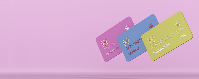 3D Credit card concept: Blank plastic credit card illustration. Side view mockup template design on pink background, copy space. Online shopping payment, mobile banking and touchfree transaction. Mobile wallet with contactless symbol. Discount Crazy,  Shopaholic and Bargain hunter slogans on credit cards instead of a name.