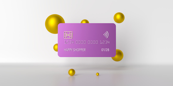 Luxury shopping concept: 3D rendered plastic credit card illustration. Front view mockup template design on grey background, copy space. Online shopping payment, mobile banking and touchfree transaction. Mobile wallet with contactless symbol.