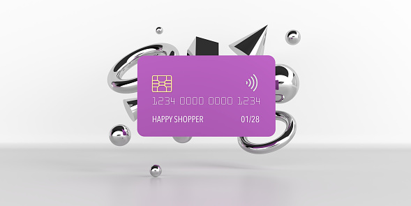 Luxury shopping concept: 3D rendered plastic credit card illustration. Front view mockup template design on grey background, copy space. Online shopping payment, mobile banking and touchfree transaction. Mobile wallet with contactless symbol.