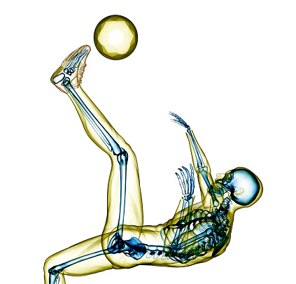 Analysis of a position that challenges the human anatomy in football. The soccer player jumps into the air and hits the ball on his back in a horizontal position. This challenging position is known as the overhead kick. Being able to shoot the ball and score a goal in this position is reserved for some star football players. Technical analysis of this position is made in the image. / You can see the animation movie of this image from my iStock video portfolio. Video number: 1453313350