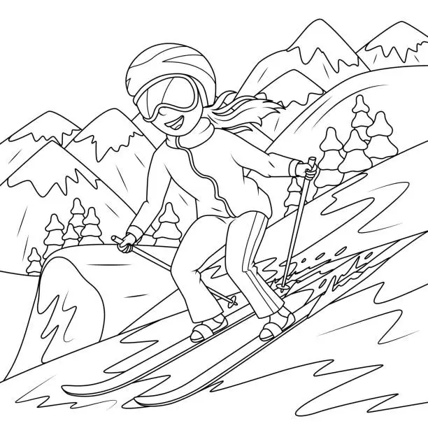 Vector illustration of The girl is skiing in the mountains.