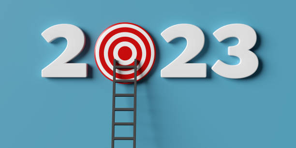 istock Ladder leaning on 2023 year target dartboard 1453439741