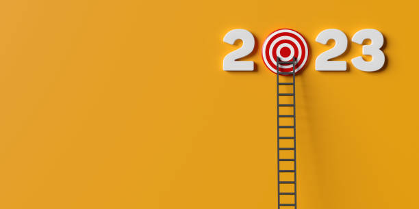 istock Long ladder leaning on 2023 year target dartboard 1453439888