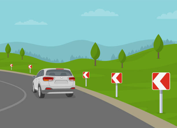 ilustraciones, imágenes clip art, dibujos animados e iconos de stock de el camino está girando en la dirección de la flecha. curva pronunciada o señal de giro. vista trasera de un coche suv blanco en la carretera. - sharp curve