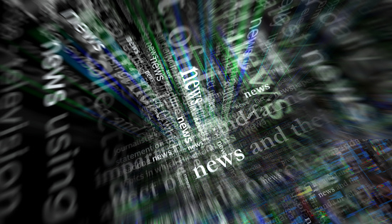 News headline news across international media with information overload and anxiety. Abstract concept of news titles on noise displays. TV glitch effect 3d illustration.