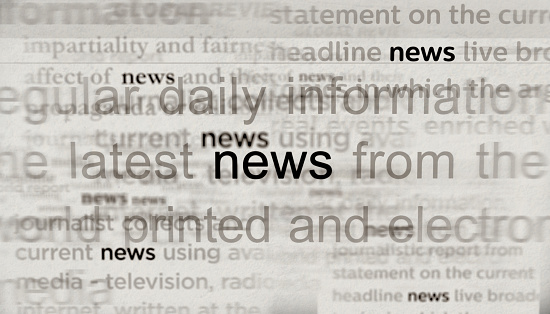 News headline news across international media with information overload and anxiety. Abstract concept of news titles on noise displays. TV glitch effect 3d illustration.