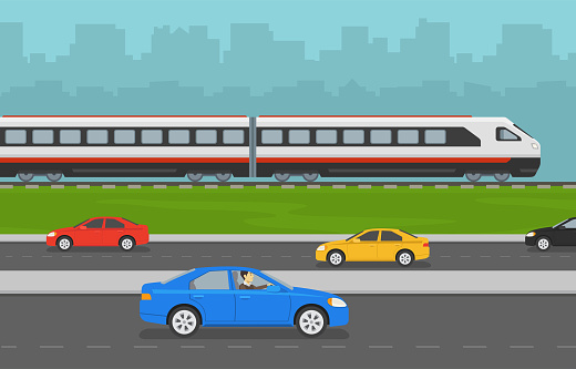 City panorama with highway road and railway. Modern bullet train and traffic flow. Flat vector illustration template.