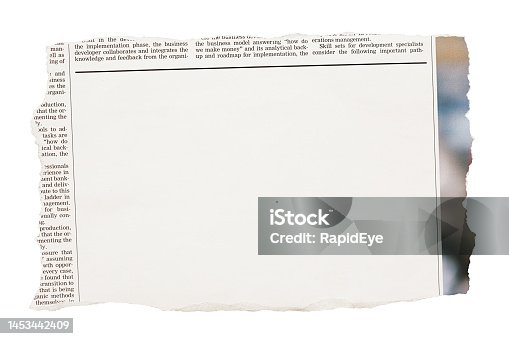 istock Cutting from a newspaper, isolated on white, with plenty of space for your copy 1453442409
