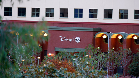 Burbank, United States – December 18, 2019: The Disney ABC logos outside the building on the lot at Walt Disney Studios in Burbank, California