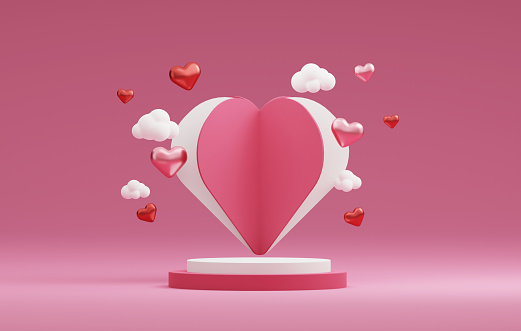 Heart shaped floating on pink background podium for valentine product presentation abstract studio for displaying products and advertisements. 3D render illustartion