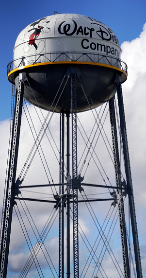 Burbank, United States – December 18, 2019: The water tower of the Walt Disney Company at Walt Disney Studios in Burbank, California
