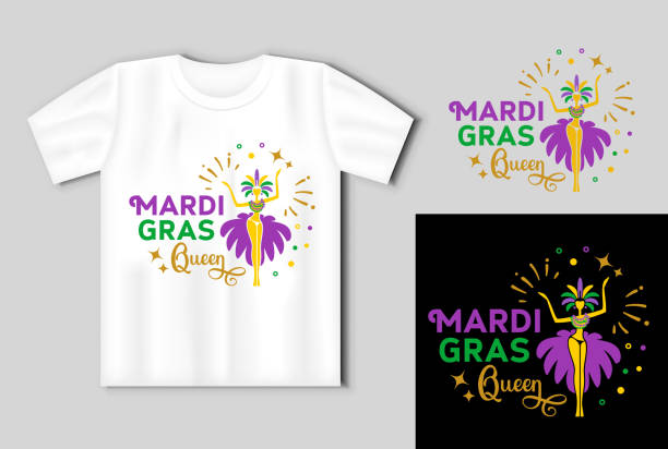 Mardi gras queen. Vector lettering for t shirt, poster, card. Mardi Gras concept with t-shirt mockup Mardi gras queen. Vector lettering for t shirt, poster, card. Mardi Gras concept with t-shirt mockup. Vector Illustration feather quotes stock illustrations