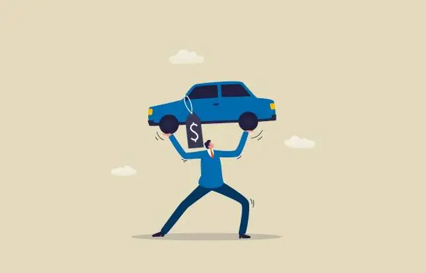 Vector illustration of Auto loan, Leasing, Bank Statement. Businessman Carrying a Car. Illustration