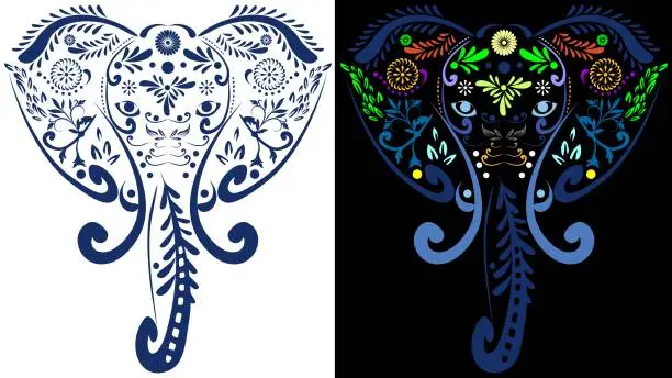 Vector illustration of elephant mexican talavera puebla art illustration set pack