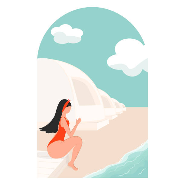 girl in swimsuit sits in profile on the beach by the sea against the background of the geodome girl in swimsuit sits in profile on the beach by the sea against the background of the geodome geodome stock illustrations