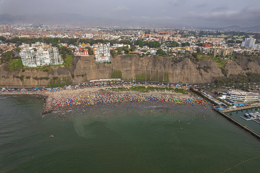 Aerial view of the beaches of the city of Lima on the Costa Verde. Peru