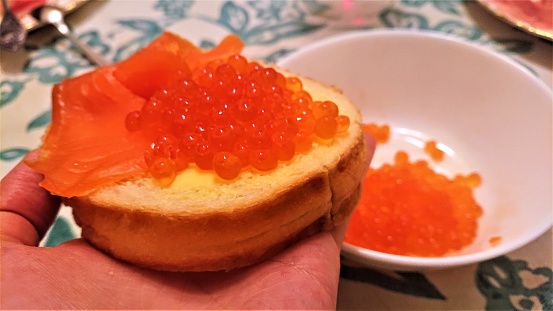 Japan. Party with red caviar.