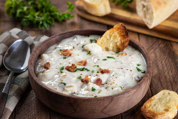 istock New England clam chowder with bacon, parsley and toasted bread 1453459982