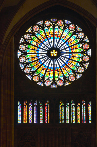 Stained glass rose window of Notre Dame de Strasbourg, France