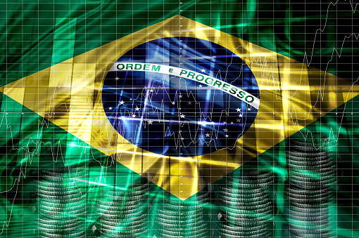 Brazil flag, economic and financial indicators chart, exchange rate variation, stock market crisis. 2d illustration