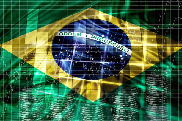 Brazil flag, economic and financial indicators chart, exchange rate variation, stock market crisis stock photo