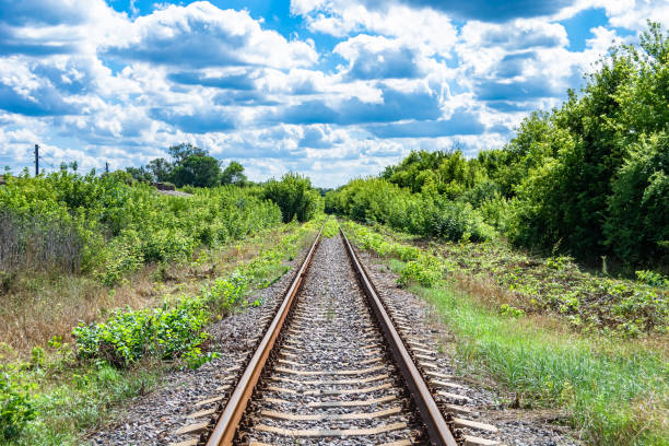 istock Photography to theme railway track after passing train on railroad 1453461500