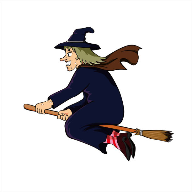 witch fly witch fly with broom cartoon design vector illustration. Halloween sign and symbol. black cat costume stock illustrations
