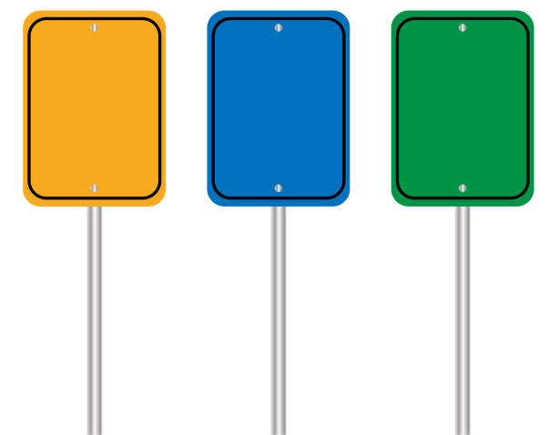 ilustrações de stock, clip art, desenhos animados e ícones de yellow, blue and green road signs. set of empty boards isolated on white background - drive